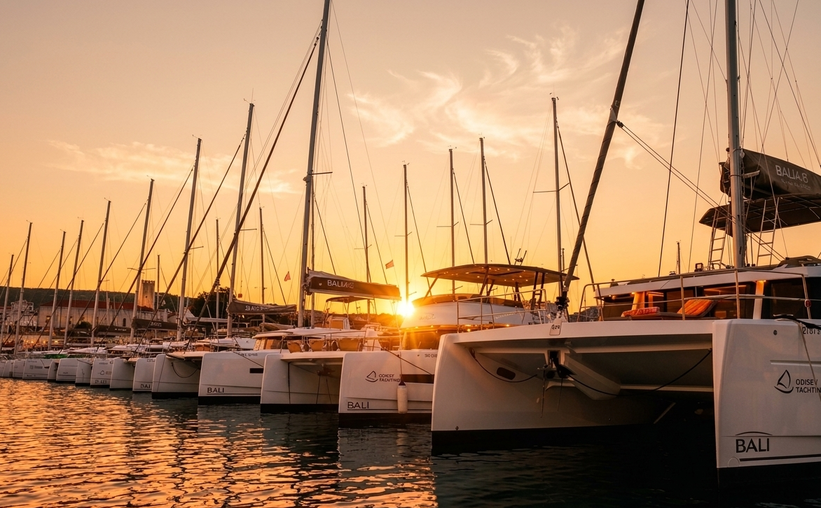Flota katamaranów BALI Odisej Yachting w chorwackiej marinie o zachodzie słońca